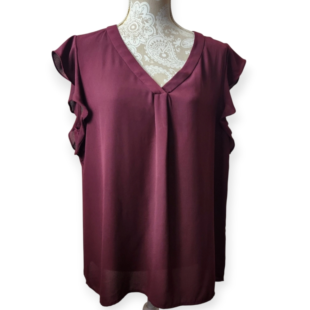 Philosophy Plum V-Neck Ruffle Sleeve Blouse